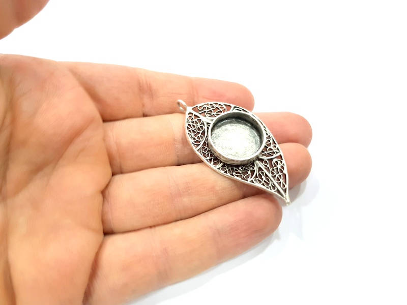 Silver Leaf Pendant Blank Connector Mosaic Base Blank inlay Blank Necklace Blank Resin Blank Antique Silver Plated Brass ( 18mm )  G10893