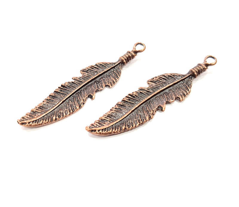 2 Copper Feather Charm Antique Copper Charm Antique Copper Plated Metal (62x14mm) G10915