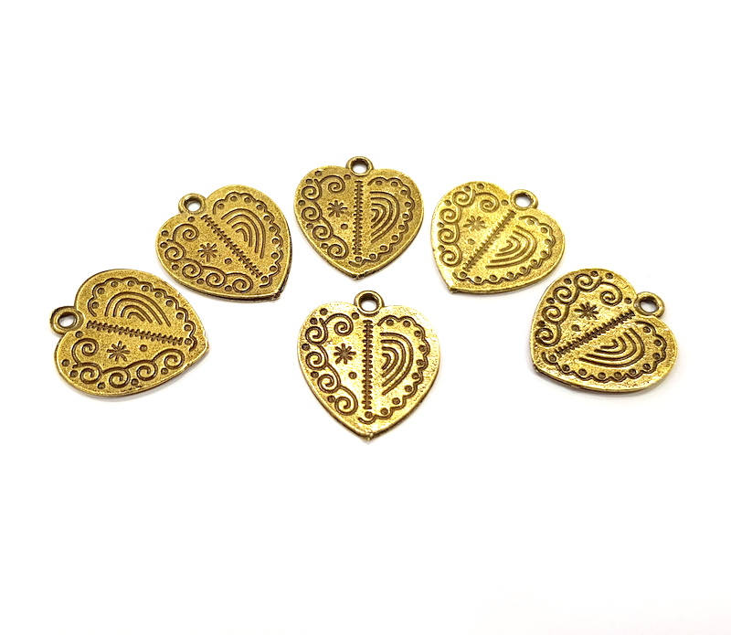 6 Heart Charms Antique Bronze Connector Charm Antique Bronze Plated Metal  (20x17mm) G10939