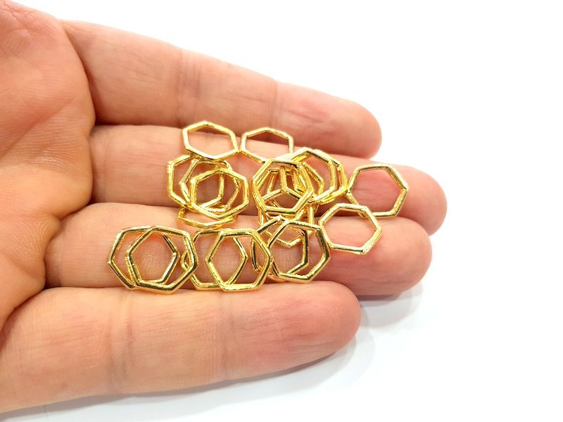 10 Hexagon Connector Charm Gold Plated Charm Gold Plated Metal (12mm)  G12160