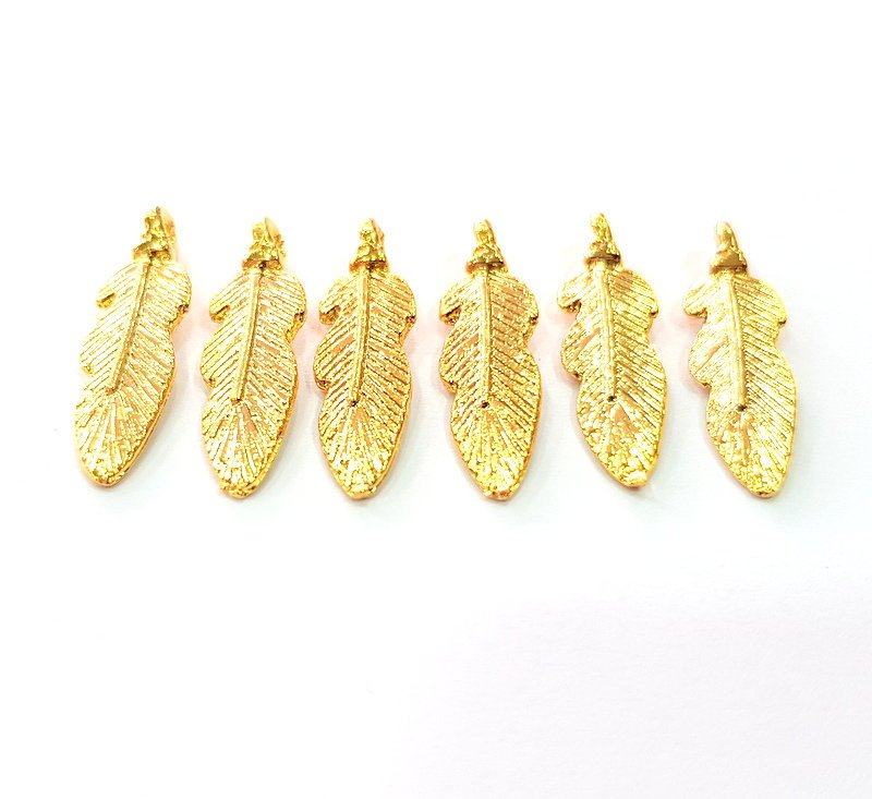 6 Feather Charm Gold Plated Charm Gold Plated Metal (25x7mm)  G12208