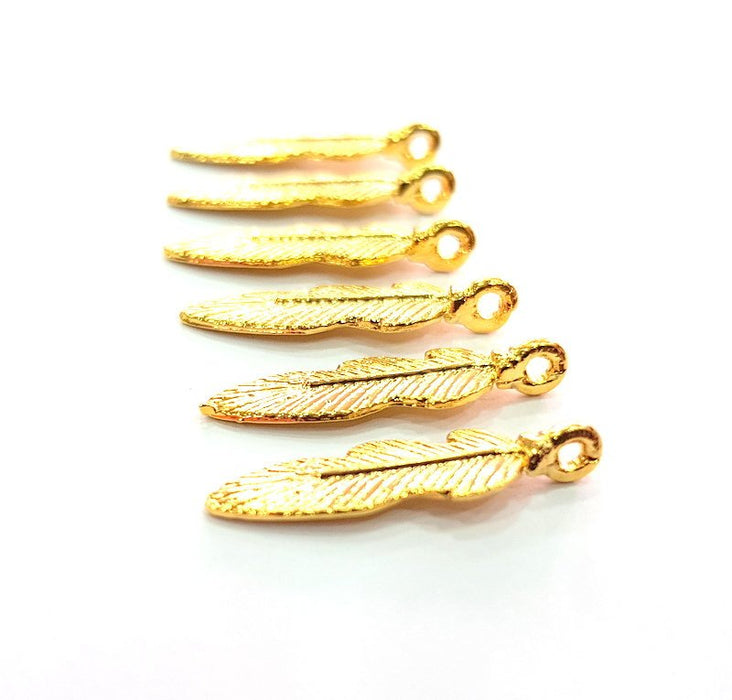 6 Feather Charm Gold Plated Charm Gold Plated Metal (25x7mm)  G12208