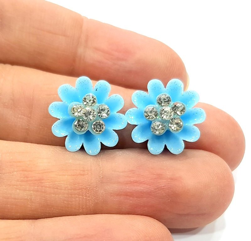 2 Blue Flower Cameo Cabochon 15mm  G12255