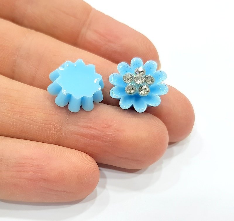 2 Blue Flower Cameo Cabochon 15mm  G12255