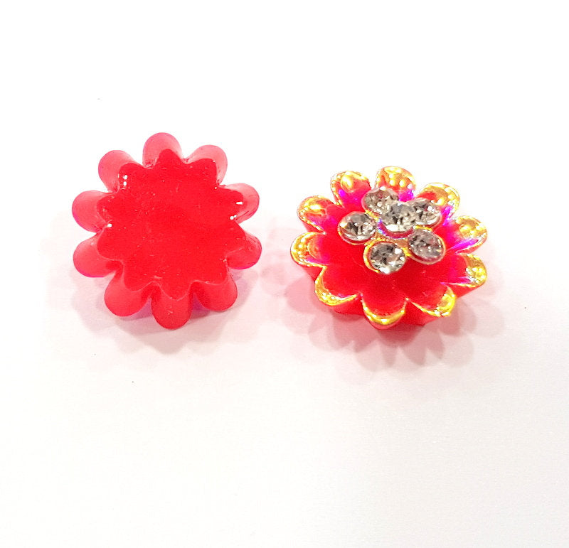 2 Rainbow Red Flower Cameo Cabochon 15mm  G12257