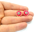 2 Rainbow Red Flower Cameo Cabochon 15mm  G12257