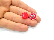 2 Rainbow Red Flower Cameo Cabochon 15mm  G12257