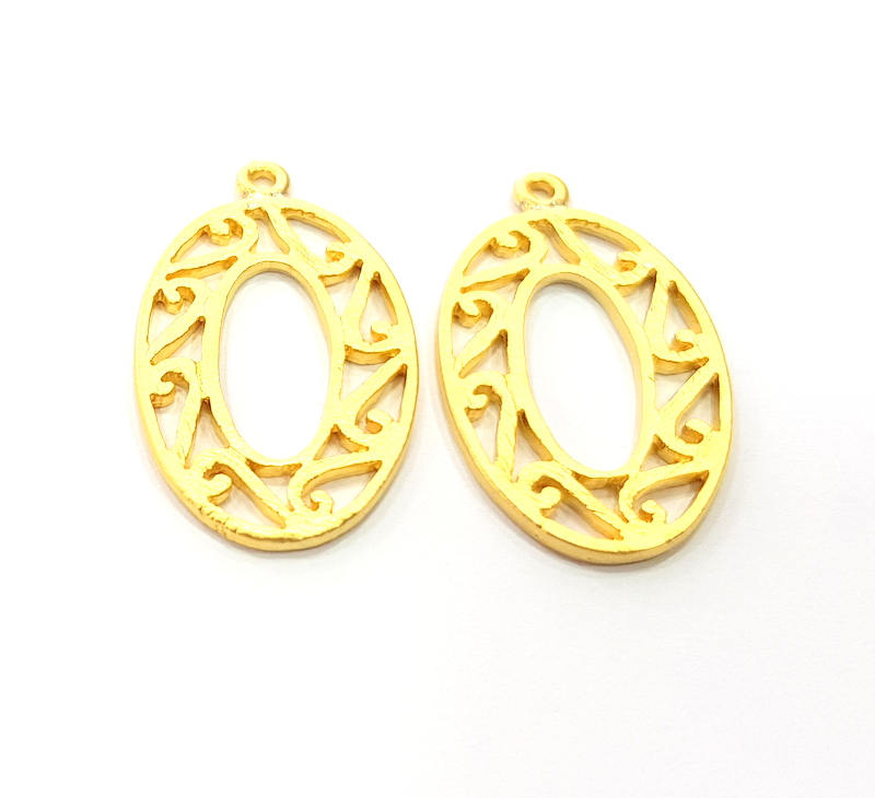 2 Oval Frame Charm Gold Charms Gold Plated Metal (32x19mm)  G11349