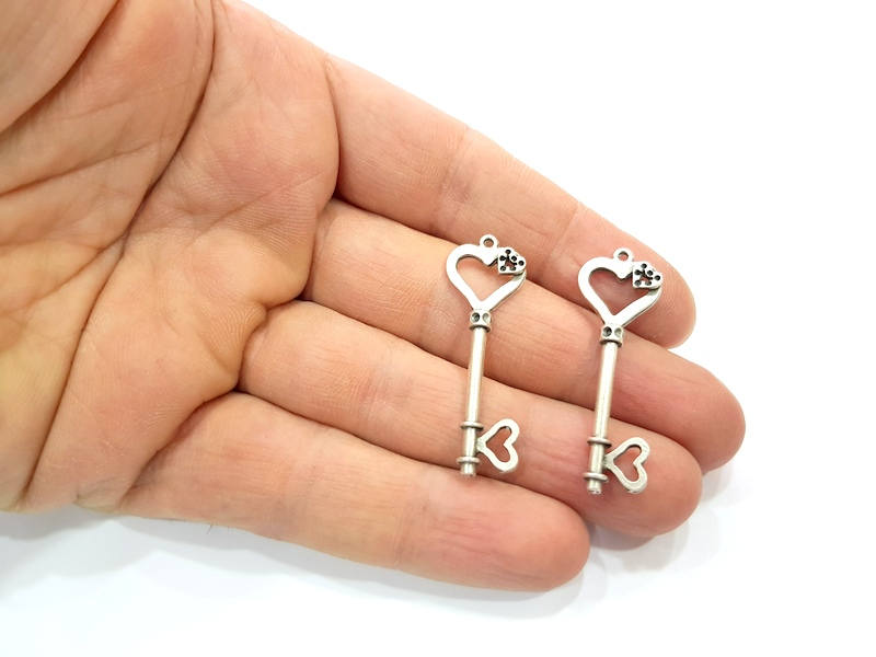 4 Love Key Charm Silver Charms Antique Silver Plated Metal (40x13mm) G11368