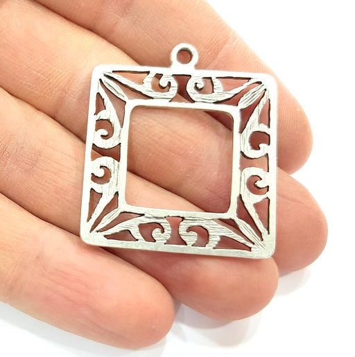 2 Square Frame Charm Silver Charms Antique Silver Plated Metal (34mm) G11380