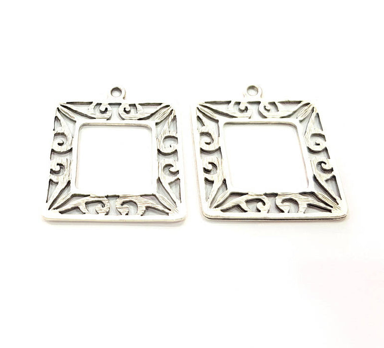 2 Square Frame Charm Silver Charms Antique Silver Plated Metal (34mm) G11380