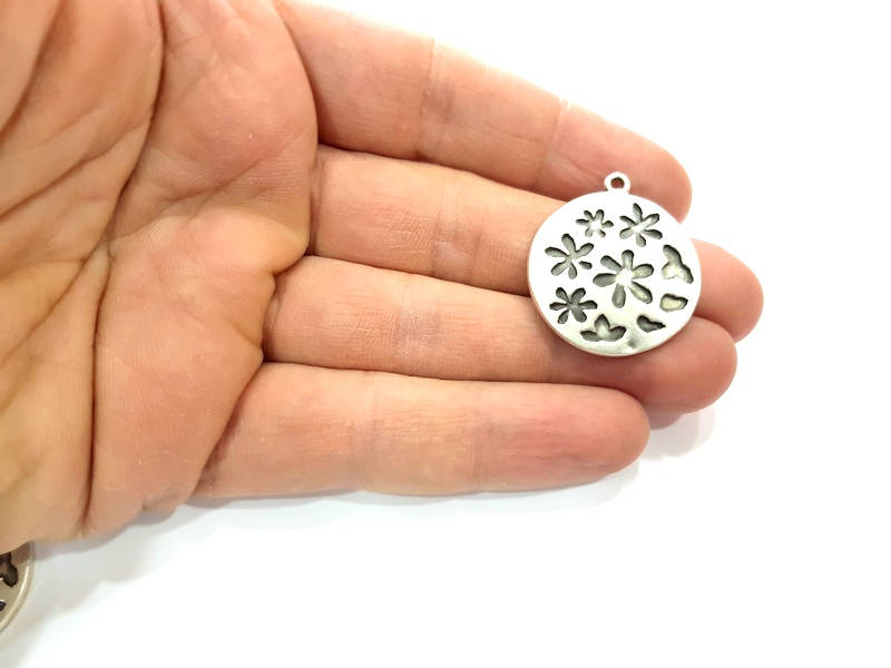 2 Flower Charm Silver Charms Antique Silver Plated Metal (27mm) G11381