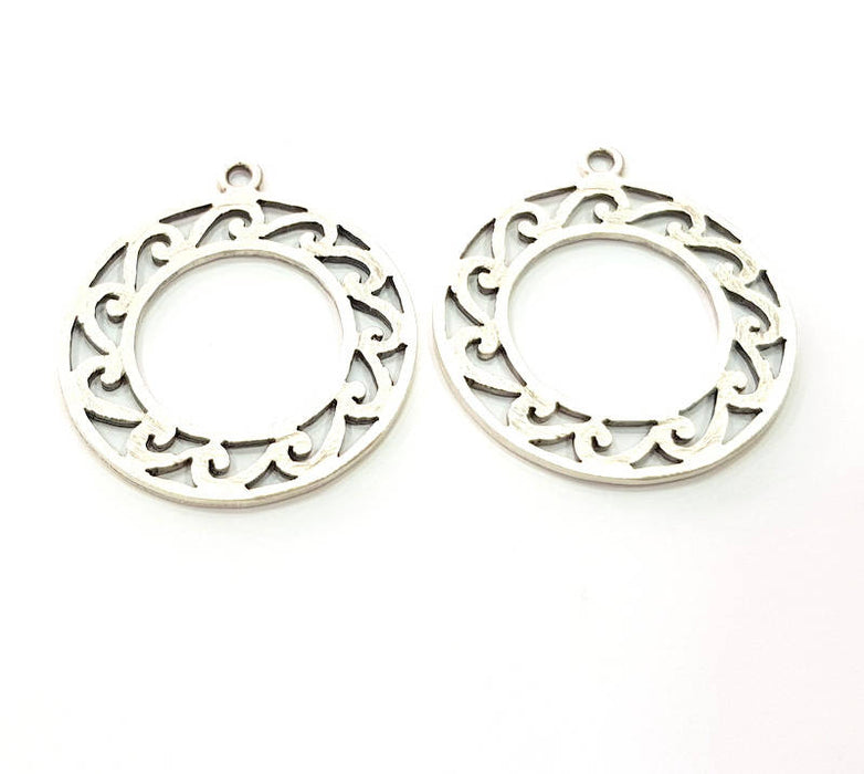 2 Round Frame Charm Silver Charms Antique Silver Plated Metal (35mm) G11391