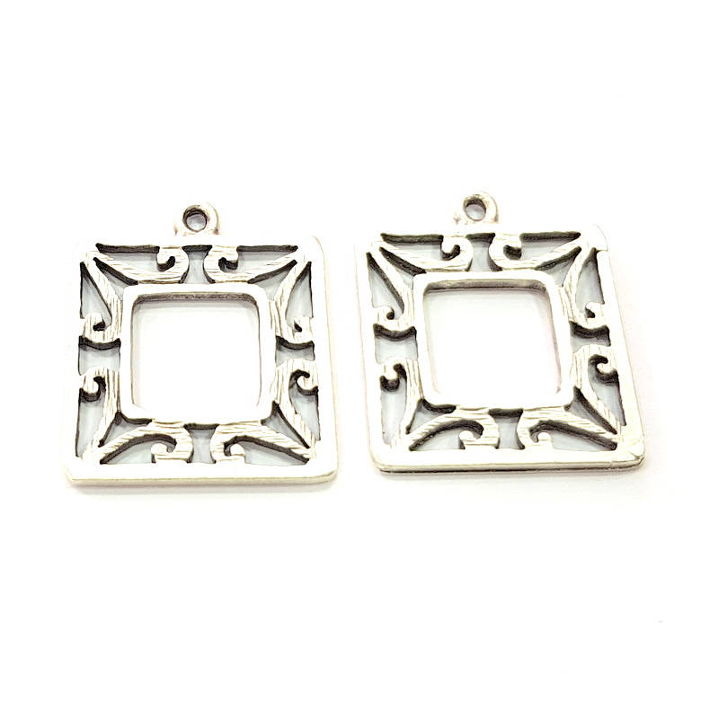 4 Square Frame Charm Silver Charms Antique Silver Plated Metal (21mm) G11398