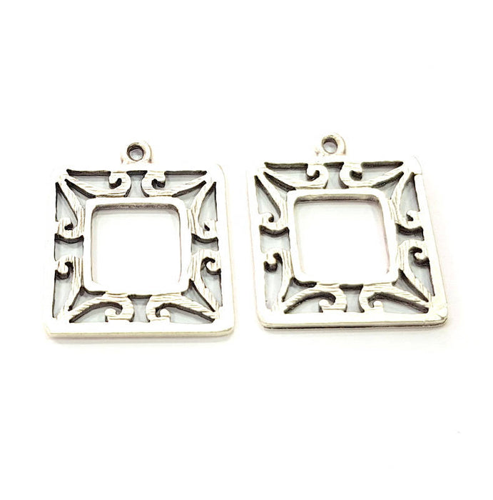 4 Square Frame Charm Silver Charms Antique Silver Plated Metal (21mm) G11398