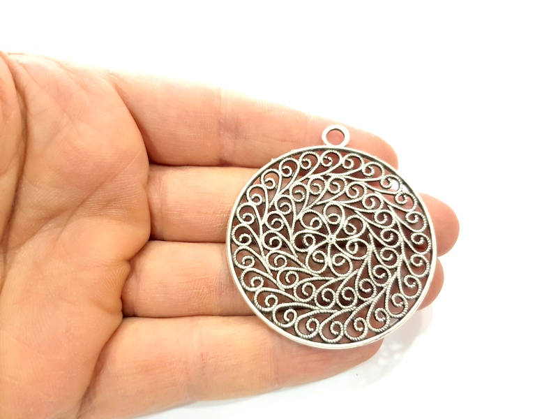 2 Silver Pendant Antique Silver Plated Metal (50mm) G11399
