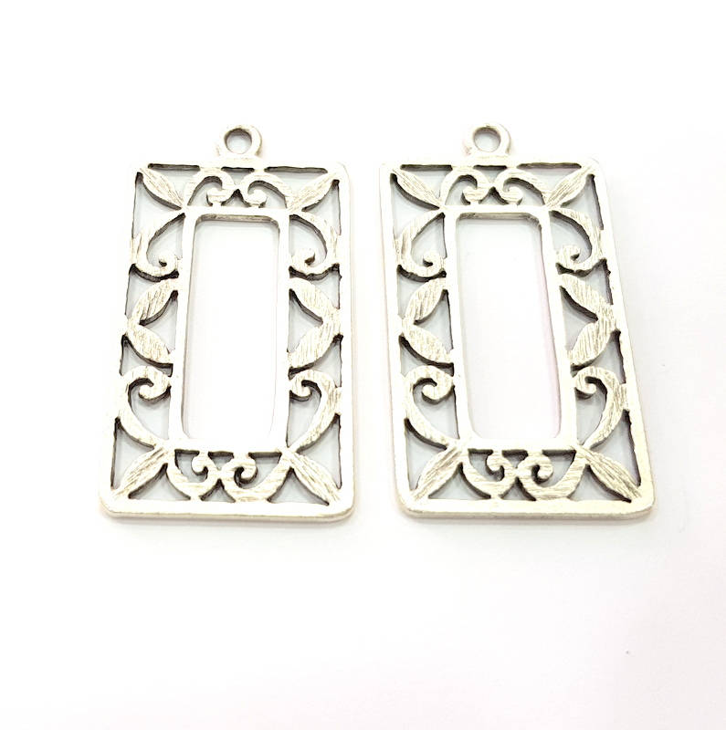 2 Rectangle Frame Charm Silver Charms Antique Silver Plated Metal (46x24mm) G11400