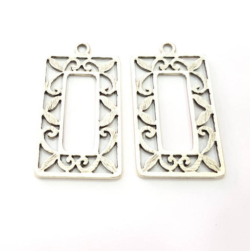 2 Rectangle Frame Charm Silver Charms Antique Silver Plated Metal (46x24mm) G11400
