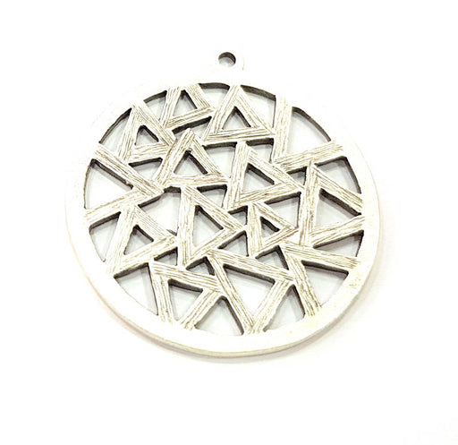 2 Textured Triangular Circle Charm Silver Charms Antique Silver Plated Metal (35mm) G11404