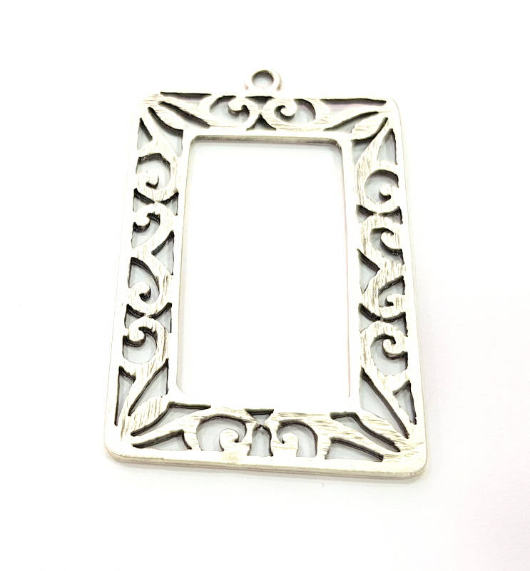 Rectangle Frame Pendant Silver Pendant Antique Silver Plated Metal (60x36mm) G11408