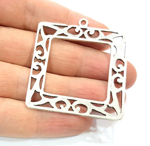 Square Frame Pendant Silver Pendant Antique Silver Plated Metal (46mm) G11412