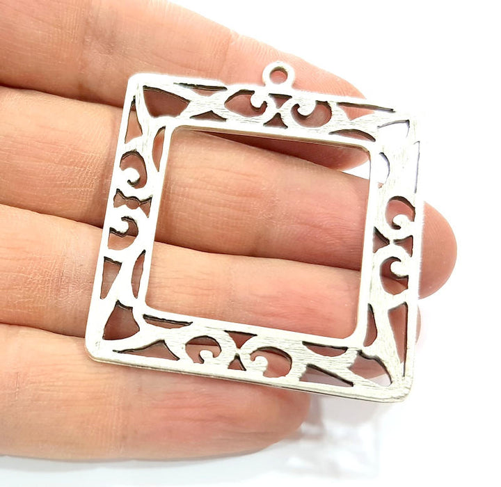 Square Frame Pendant Silver Pendant Antique Silver Plated Metal (46mm) G11412