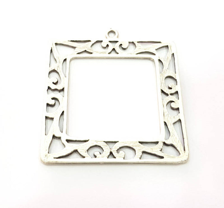 Square Frame Pendant Silver Pendant Antique Silver Plated Metal (46mm) G11412