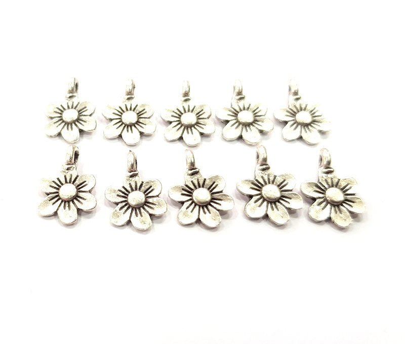 50 Flower Charm Silver Charms Antique Silver Plated Metal (10mm) G12316