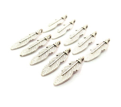 10 Feather Charm Silver Charms Antique Silver Plated Metal (25x7mm) G12349