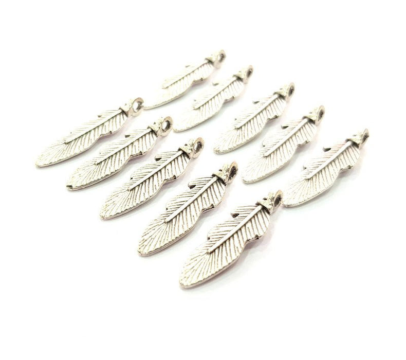 50 Feather Charm Silver Charms Antique Silver Plated Metal (25x7mm) G12349