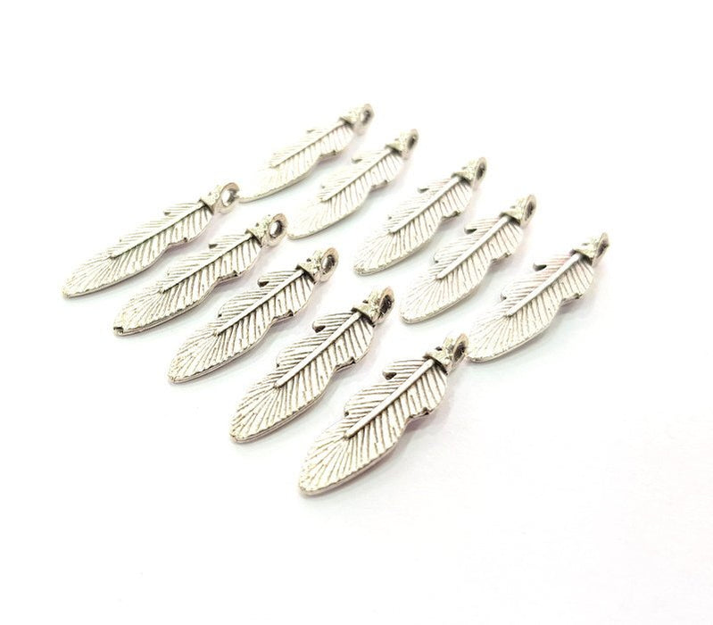 10 Feather Charm Silver Charms Antique Silver Plated Metal (25x7mm) G12349