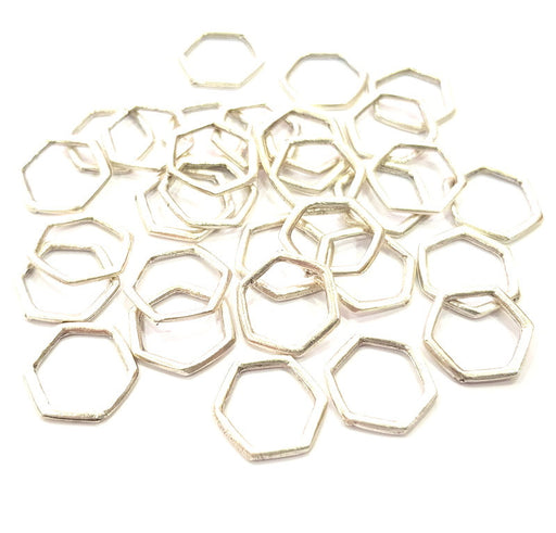 50 Silver Hexagon Connector Charms Antique Silver Plated Charms (13mm) G12354