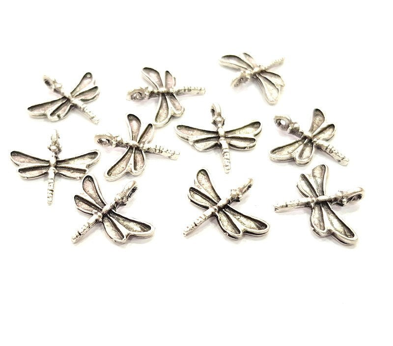 10 Dragonfly Charm Silver Charms Antique Silver Plated Metal (19x18mm) G12357