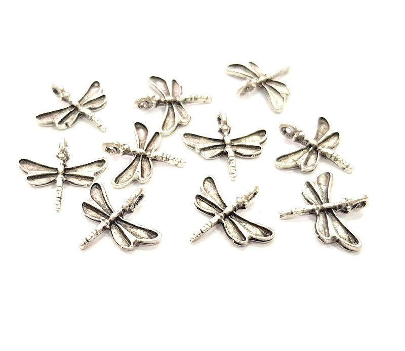 10 Dragonfly Charm Silver Charms Antique Silver Plated Metal (19x18mm) G12357
