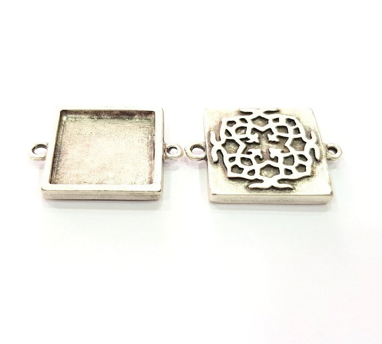 4 Silver Connector Pendant Blank Bezel Base Setting inlay Blank Earring Base Resin Mountings Antique Silver Plated (20x20 mm blank)  G12363