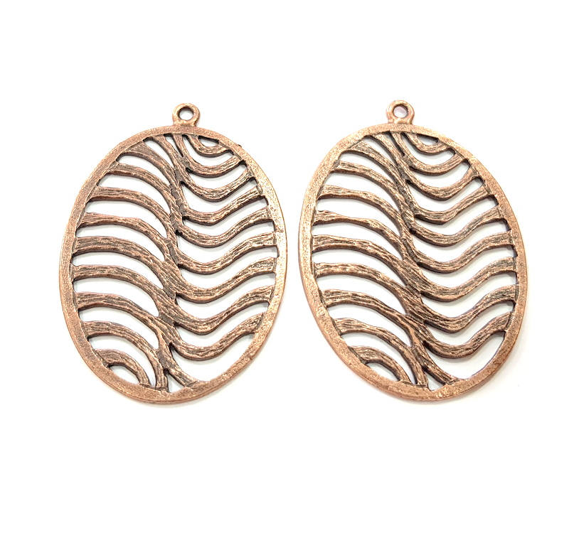 2 Oval Wavy Copper Pendant Antique Copper Pendant Antique Copper Plated Metal (53x36mm) G11515