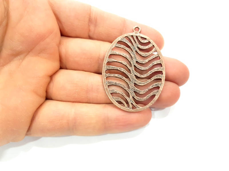 2 Oval Wavy Copper Pendant Antique Copper Pendant Antique Copper Plated Metal (53x36mm) G11515