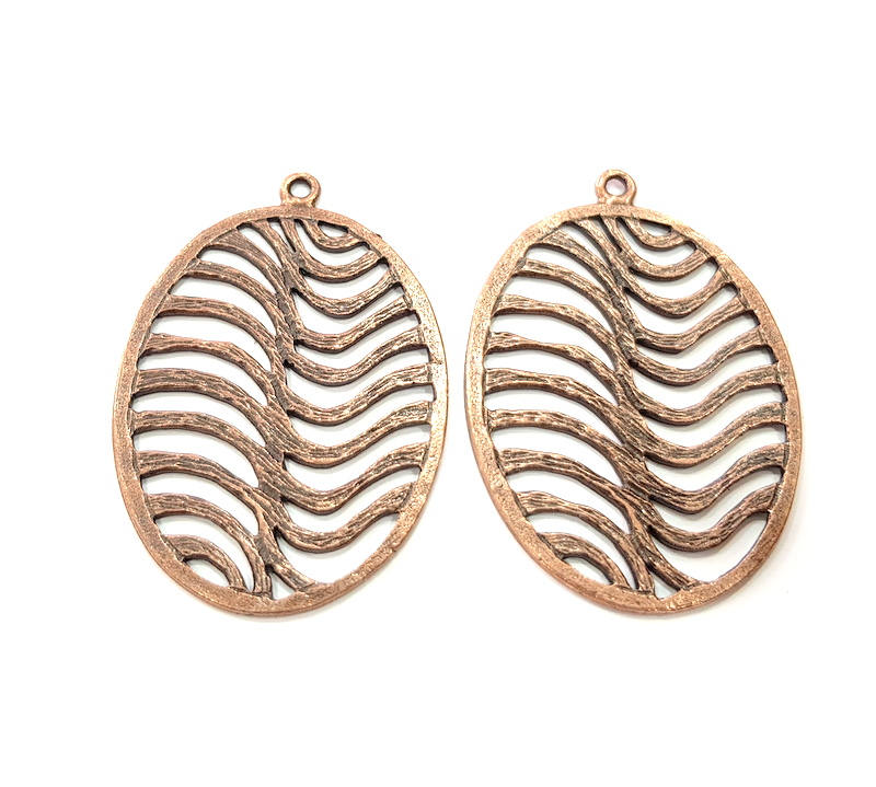 2 Oval Wavy Copper Pendant Antique Copper Pendant Antique Copper Plated Metal (53x36mm) G11515