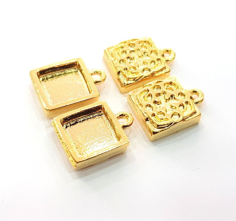 2 Gold Pendant Blank Base Setting Necklace Blank Resin Blank Mountings inlay Blank Shiny Gold Plated Blank ( 10x10 mm blank ) G12499