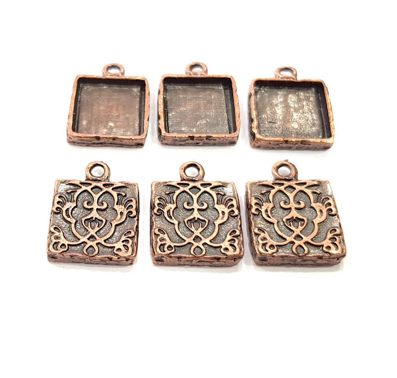 6 Copper Pendant Blank Mosaic Base inlay Blank Necklace Blank Resin Mountings Antique Copper Plated Metal ( 12x12 mm square blank) G11617