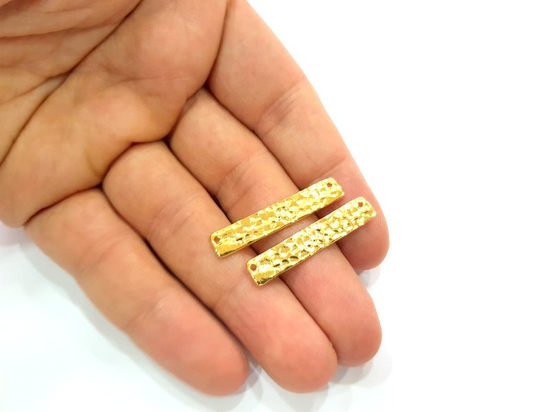 2 Gold Hammered Connector Stamp Connector Tag Charms Flake Charms Gold Plated Brass (35x7mm)   G12563