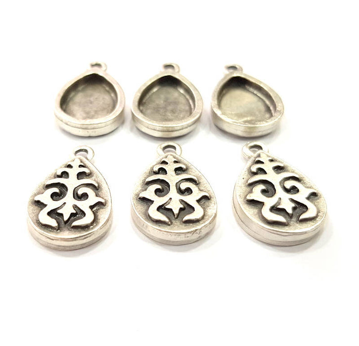 6 Silver Pendant Blank Bezel Base Setting inlay Blank Earring Base Resin Blank Mountings Antique Silver Plated (14x10mm drop blank)  G11634