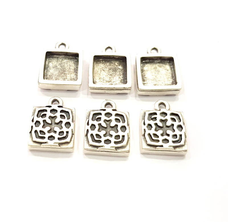 6 Silver Pendant Blank Bezel Base Setting inlay Blank Earring Base Resin Blank Mountings Antique Silver Plated (10mm square blank)  G11638