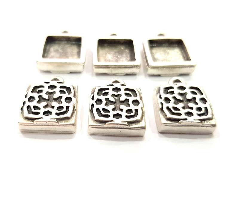 6 Silver Pendant Blank Bezel Base Setting inlay Blank Earring Base Resin Blank Mountings Antique Silver Plated (10mm square blank)  G11638