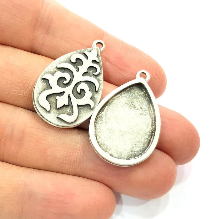 4 Silver Pendant Blank Bezel Base Setting inlay Blank Earring Base Resin Blank Mountings Antique Silver Plated (25x18mm drop blank)  G11640