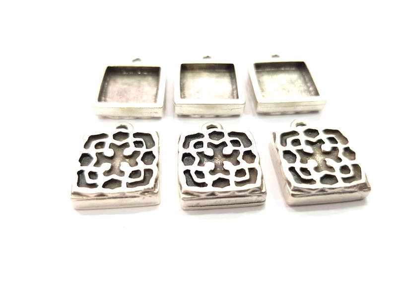 6 Silver Pendant Blank Bezel Base Setting inlay Blank Earring Base Resin Blank Mountings Antique Silver Plated (12mm square blank)  G11641
