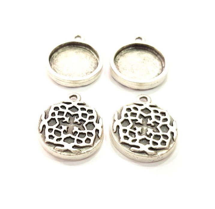4 Silver Pendant Blank Bezel Base Setting inlay Blank Earring Base Resin Blank Mountings Antique Silver Plated ( 16mm round blank)  G11643