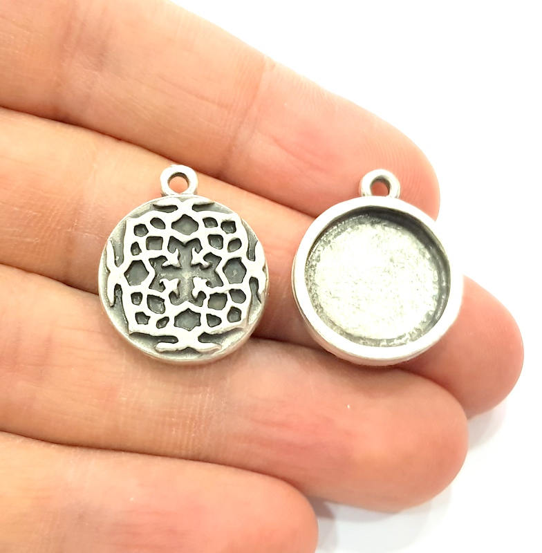 4 Silver Pendant Blank Bezel Base Setting inlay Blank Earring Base Resin Blank Mountings Antique Silver Plated ( 16mm round blank)  G11643