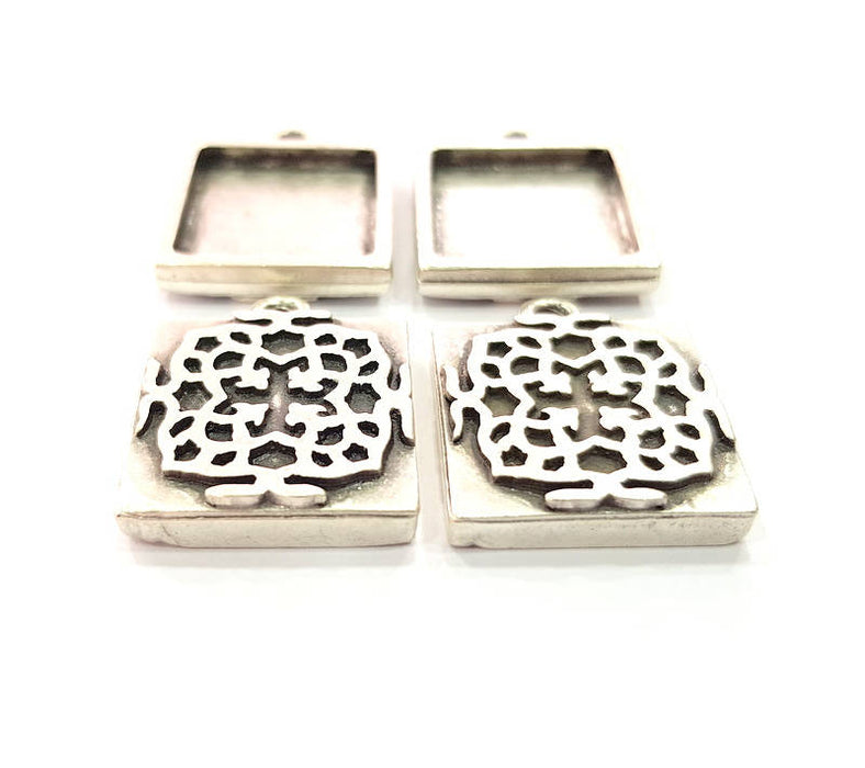 4 Silver Pendant Blank Bezel Base Setting inlay Blank Earring Base Resin Blank Mountings Antique Silver Plated ( 20mm square blank)  G15704