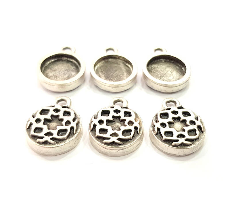 6 Silver Pendant Blank Bezel Base Setting inlay Blank Earring Base Resin Blank Mountings Antique Silver Plated (10mm round blank)  G11649